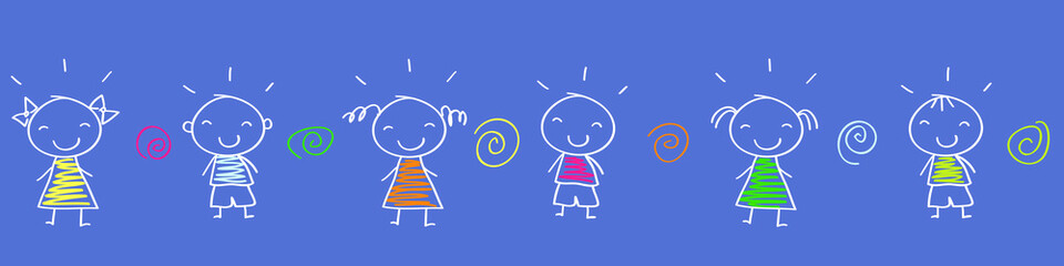 Seamless pattern with kids standing in line. Cute stick figures hand drawn. Happy children print doodle on the blue background. 