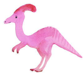 Pink watercolor cute cartoon dinosaur on a white background. Isolated watercolor illustration for prints, posters, cards and magazines.