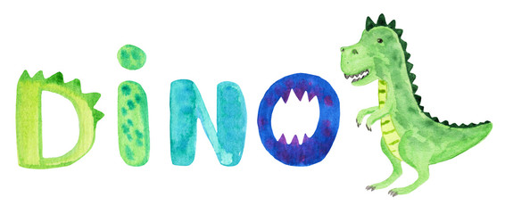 watercolor hand drawing illustration of a green cartoon Rex dinosaur and lettering dino on a white background. Raster illustration for prints, banners, magazines, children's textiles.