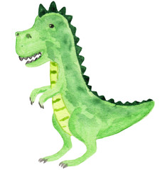 Fototapeta premium Cartoon cute t-rex dinosaur on a white background. watercolor illustration for children's textiles, prints, posters, magazines. watercolor baby tyrannosaurus.