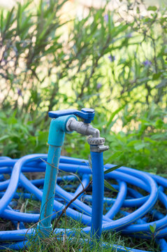 Water tap with  hosepipe ban on grass floor.
