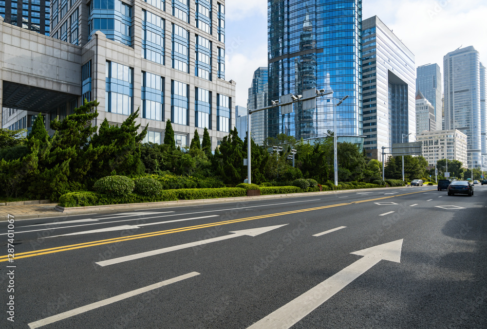 Poster empty highway with cityscape and skyline of qingdao,china.