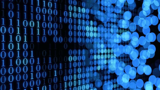 Digital blue background, numbers 0 and 1 machine code blinking abstract computer