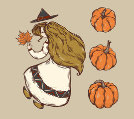 The Autumn Witch Girl with a Pumpkins, Wizard hat, and Maple Leaf. Fall style illustration. Halloween costume.