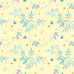 Fototapeta premium Floral seamless pattern for Mediterranean decor. Yellow backdrop. Wrapping gift paper flower decoration. Hand painted gouache elegant leaves and twigs. Elegance Middle Ages floral ornament