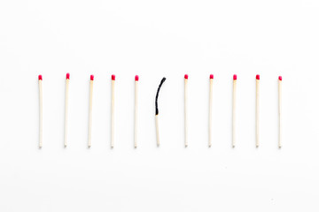 Symbol of danger with matches on white background top view