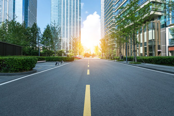 empty highway with cityscape and skyline of qingdao,China.