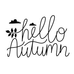 Vector illustration with clouds, leaf and lettering text - hello Autumn.