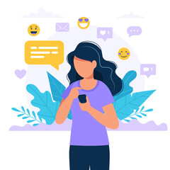 Woman texting with a smartphone, social media icons. Concept vector illustration in flat style