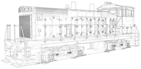 Locomotive technical wire-frame. Vector rendering of 3d.