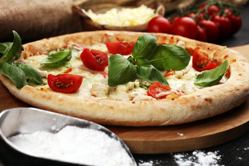 vegetarian italian Pizza with tomatoes, mozzarella cheese  and basil. Delicious italian pizza