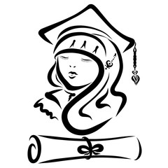 Female student and diploma, graduation, black pattern