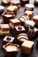 a lot of variety chocolate pralines, belgian confectionery gourmet chocolate.