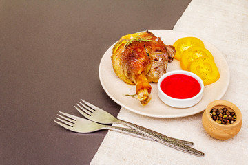 Crusty roasted duck leg. Traditional French food confit preparation