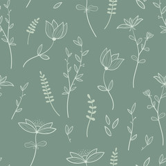Vintage flowers teal seamless pattern. Beautiful hand drawn retro background. Elegant fabric on light background Vector surface pattern design