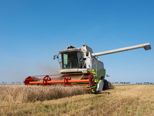combine harvester during barley harvest in the countryside of north groningen in the netherlands