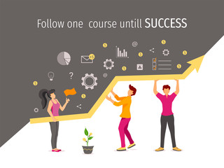 Banner design of data analysis, teamwork, statistics, success, productivity and workflow. Growth chart and tiny people working in a team. Perfect for banner, business presentation, poster, flyer