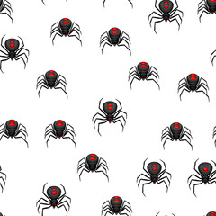 Seamless pattern with black widow spiders.