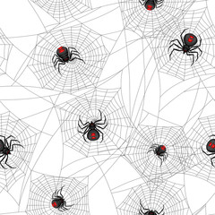Seamless pattern with black widow spiders.