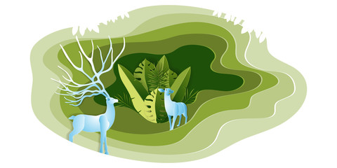 Paper art of green forest and deers wildlife, ECO friendly and environment conservation concept, Flat and digital craft style vector illustration.