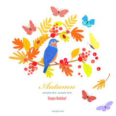 funny bird on branch of autumn tree for your design