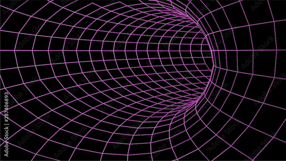 Poster tunnel or wormhole. digital 3d wireframe tunnel. 3d tunnel grid. network cyber technology. surrealis