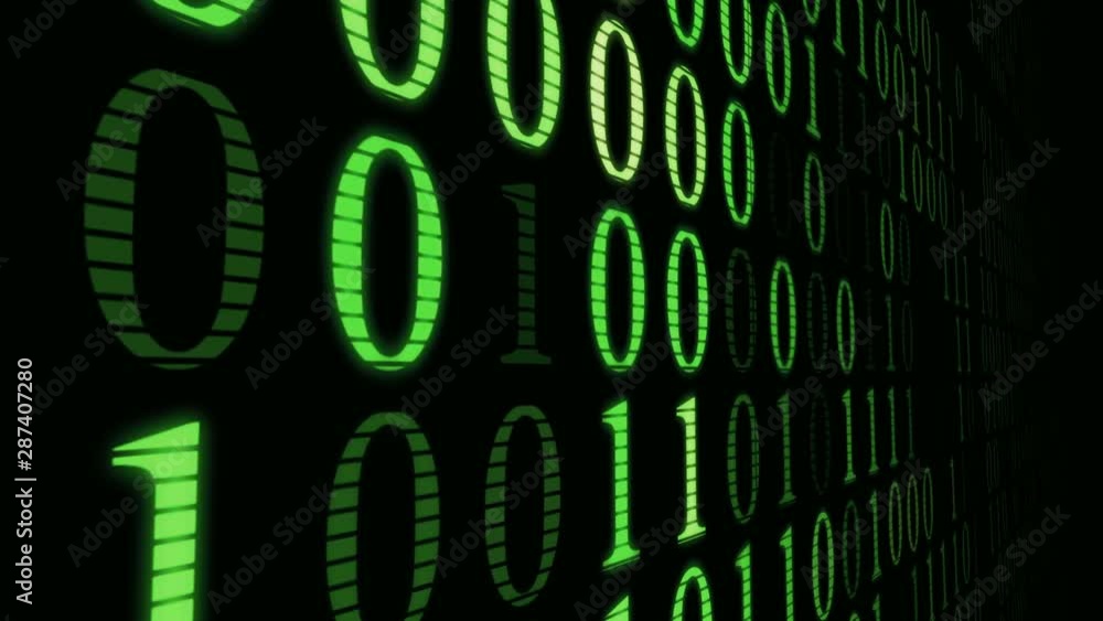 Poster moving along green wall of machine code, matrix numbers, computer tech process