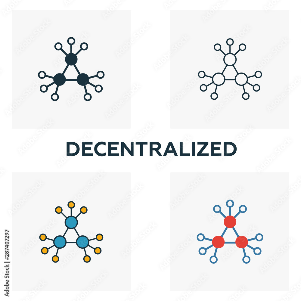 Poster decentralized icon set. four elements in diferent styles from crypto currency icons collection. crea