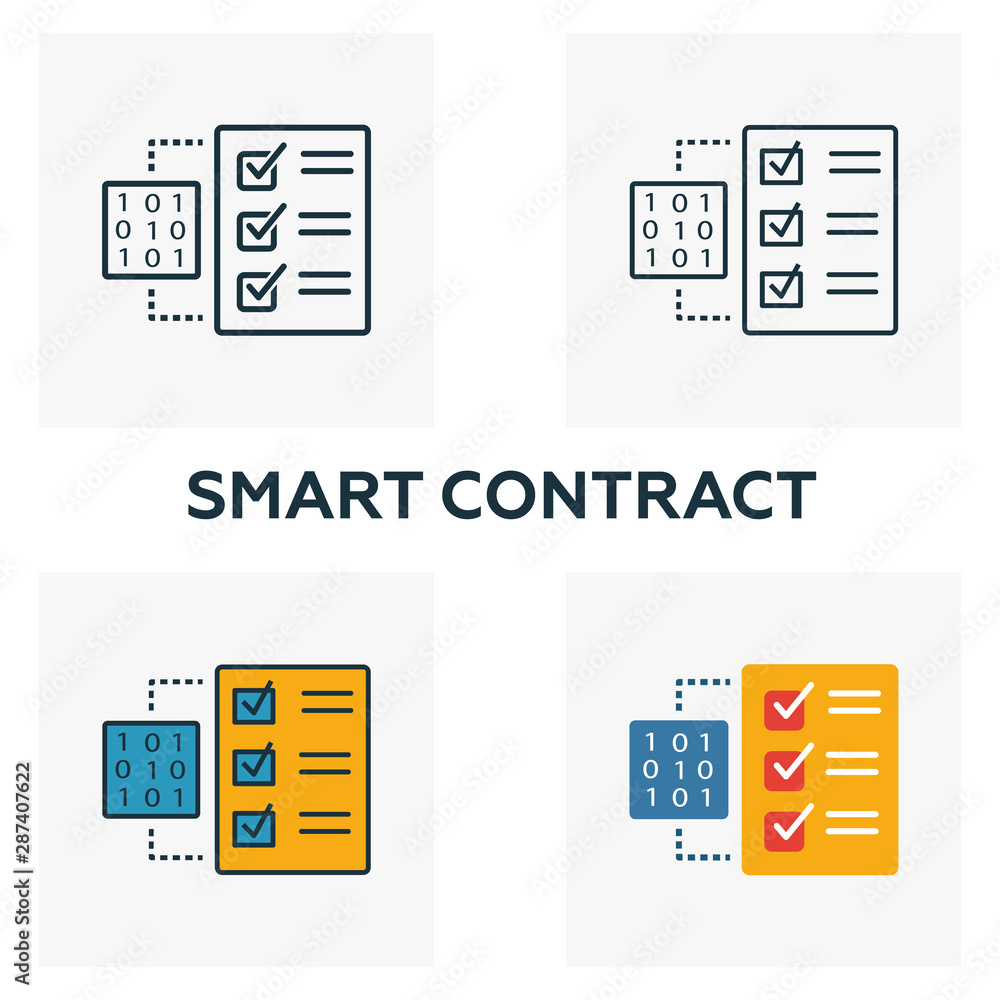 Poster smart contract icon set. four elements in diferent styles from crypto currency icons collection. cre