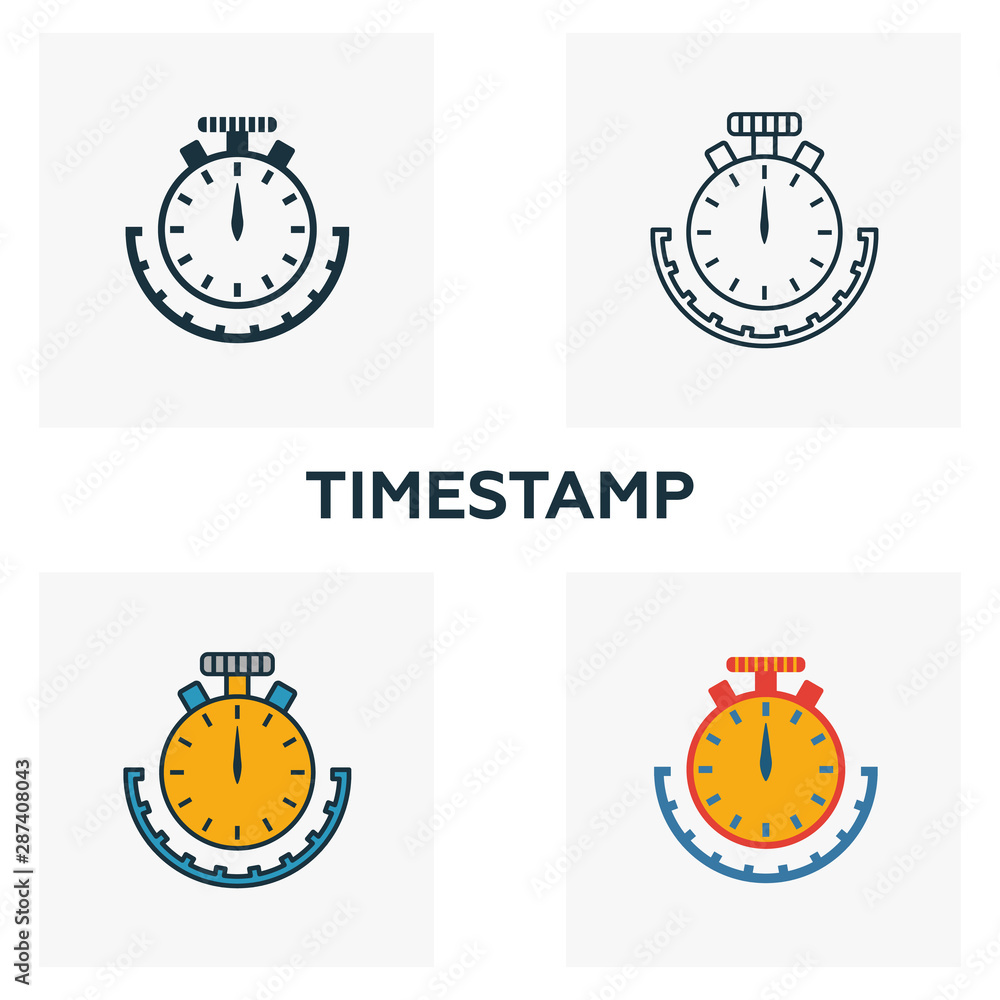 Poster timestamp icon set. four elements in diferent styles from crypto currency icons collection. creative