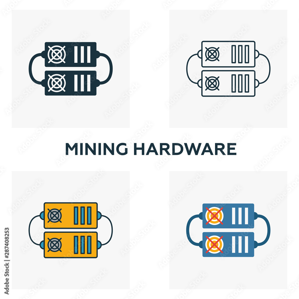Poster mining hardware icon set. four elements in diferent styles from crypto currency icons collection. cr