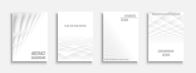 Collection of vector abstract contemporary templates, covers, placards, brochures, banners, flyers, backgrounds. White futuristic creative 3d design