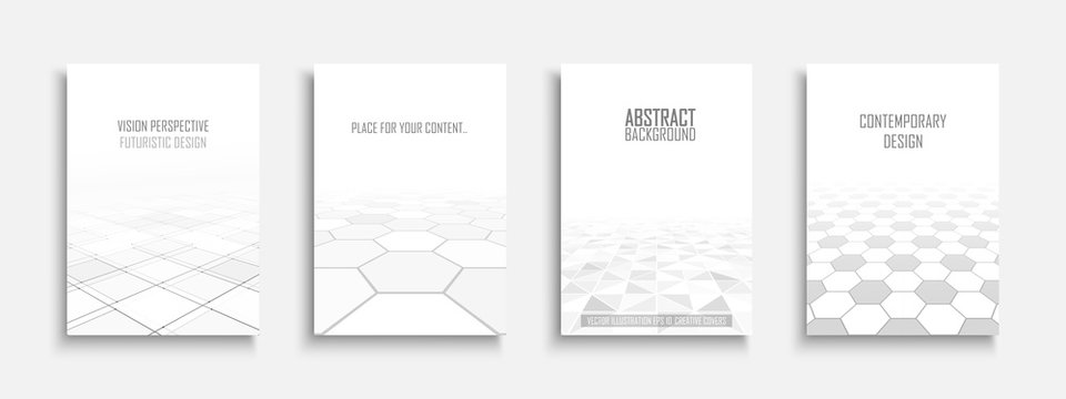Collection of vector abstract contemporary templates, covers, placards, brochures, banners, flyers, backgrounds. White futuristic tile floor design with perspective