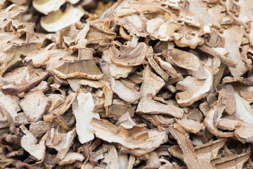 Dried porcini mushrooms on the counter in the supermarket.