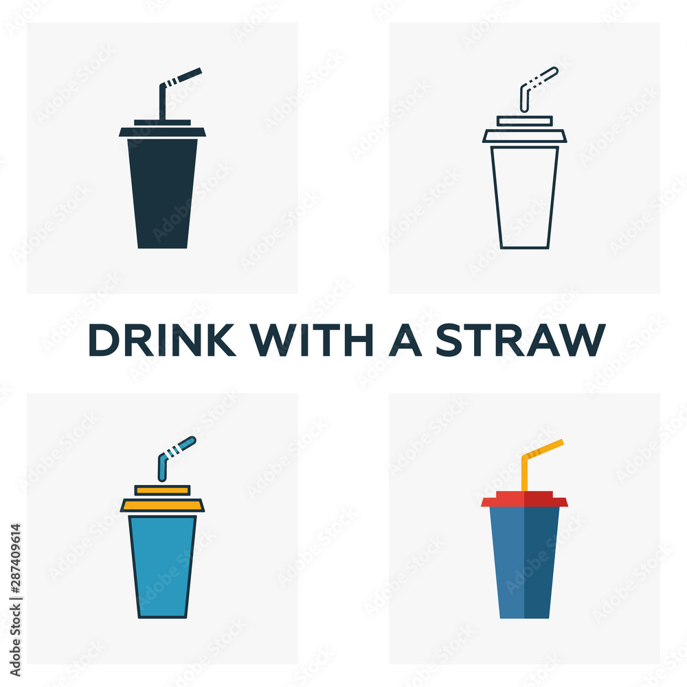 Poster drink with a straw icon set. four elements in diferent styles from fastfood icons collection. creati