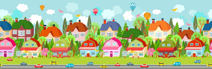 Obraz na płótnie Canvas cheerful seamless border with cute town for your design