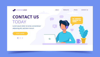 Contact us landing page. Man with headphones and microphone with computer. Concept illustration for support, assistance, call center. Vector illustration in flat style