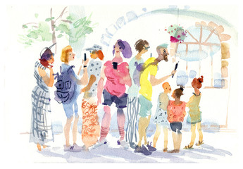 People, crowd, watercolor sketch, illustration - 287410492