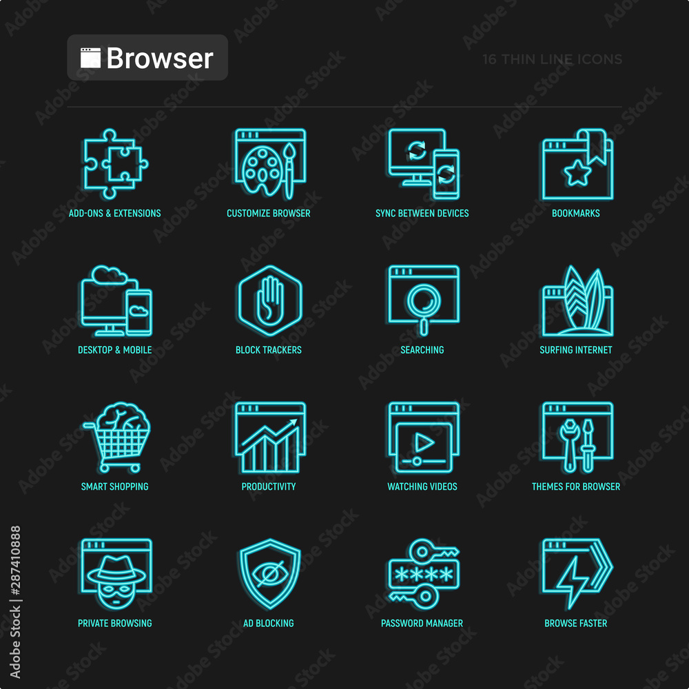 Poster browser neon thin line icons set: add-ons, extension, customize browser, sync between devices, bookm
