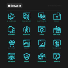 Browser neon thin line icons set: add-ons, extension, customize browser, sync between devices, bookmark, private, ad blocking, password manager, smart shopping, surfing internet. Vector illustration.