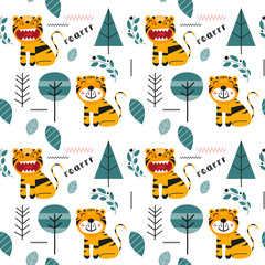 Seamless pattern with cute tigers and forest in Scandinavian style. Vector Illustration. Kids illustration for nursery design. Great for baby clothes, greeting card, wrapper.