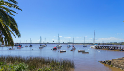 Fototapeta na wymiar Boats anchored in the port of the city of Colonia del Sacramento, Uruguay, on the Rio de la Plata. Colonia del Sacramento is one of the oldest cities in Uruguay.