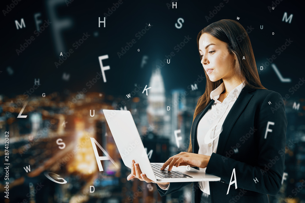 Aufkleber hands using laptop with letters
