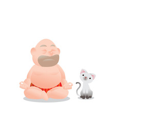 Obraz na płótnie Canvas Funny vector illustration of fat bald man doing meditation. Concept of Strong healthy fat man. cartoon