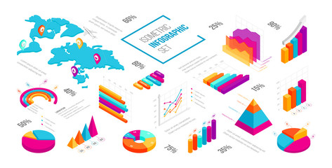 isometric 3D data graphs and diagram set
