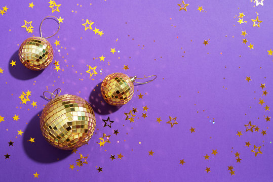 New Year Baubles. Shiny Gold Disco Balls on Violet Background. Pop Disco  Style Attributes, Retro Concept Stock Photo - Image of celebration, girl:  159247654