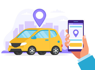 Carsharing concept. Car rental service via mobile app. A Hand holding smartphone with an app to find a car location. Vector illustration in flat style