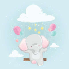 Cute Elephant Flying with Balloons