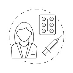 Nurse with syringe and tablets outline illustration