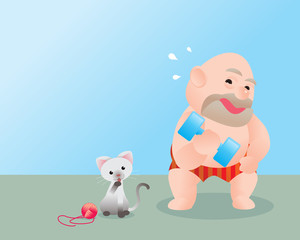Funny vector illustration of fat bald man doing excercising with dumbbells. Concept of Strong healthy fat man. cartoon
